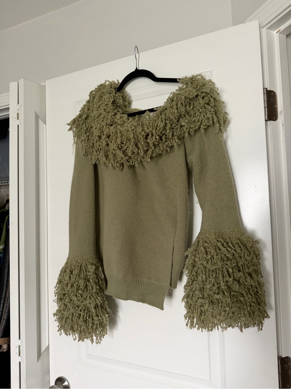 SHEIN Olive Green Off-Shoulder Fringe Knit Sweater